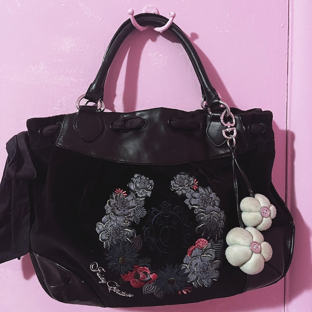 Vintage Black Juicy Couture Purse Tote Bag Velour Beverly Handbag Large Floral